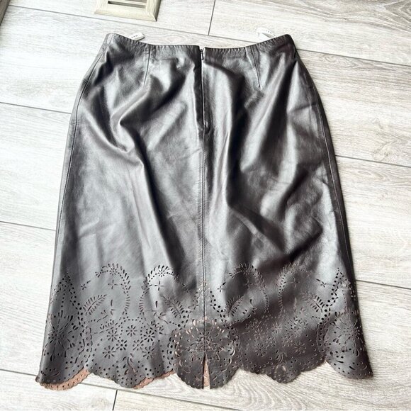 Peter Nygard Brown Buttery Leather Laser Cutout Hem Midi Skirt - Picture 9 of 13